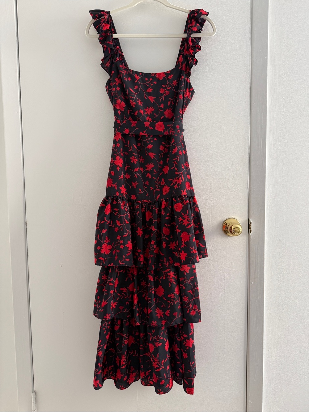 LIKELY Navy and Red Floral Midi Tiered Ruffle Dress Size 0